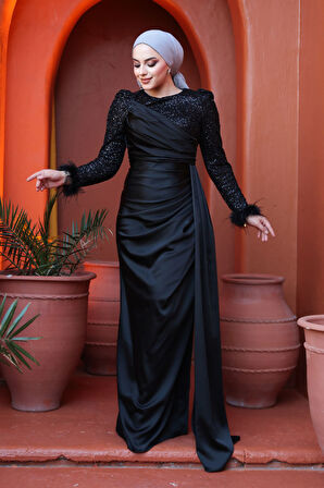 Boncuk İşlemeli Siyah Tesettür Abiye Elbise 52151S