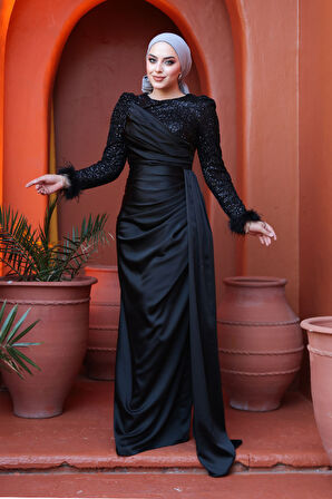 Boncuk İşlemeli Siyah Tesettür Abiye Elbise 52151S