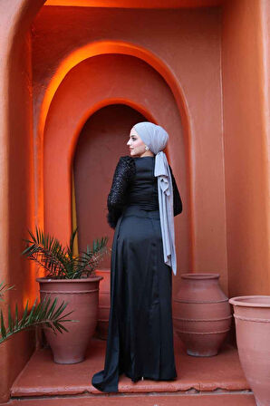 Boncuk İşlemeli Siyah Tesettür Abiye Elbise 52151S