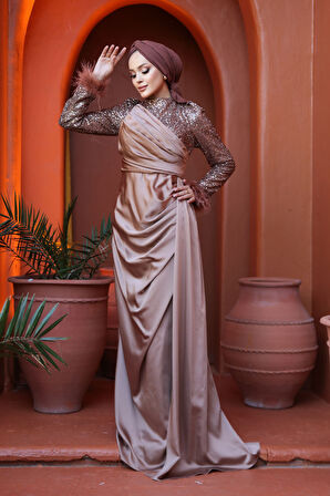 Boncuk İşlemeli Vizon Tesettür Abiye Elbise 52151V