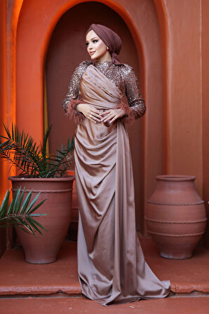 Boncuk İşlemeli Vizon Tesettür Abiye Elbise 52151V