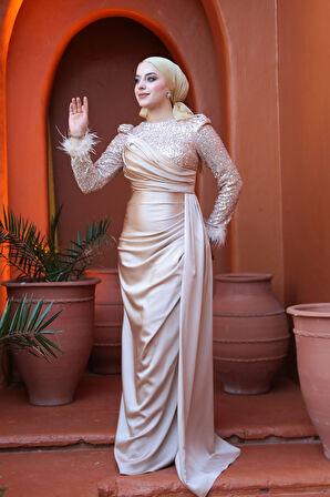 Boncuk İşlemeli Bej Tesettür Abiye Elbise 52151BEJ