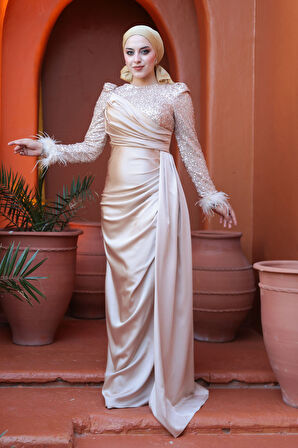 Boncuk İşlemeli Bej Tesettür Abiye Elbise 52151BEJ