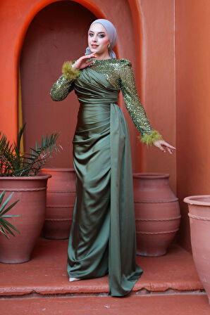 Boncuk İşlemeli Haki Tesettür Abiye Elbise 52151HK