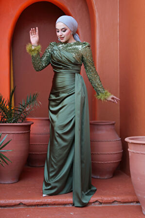 Boncuk İşlemeli Haki Tesettür Abiye Elbise 52151HK