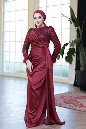 Boncuk İşlemeli Bordo Tesettür Abiye Elbise 52151BR