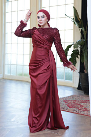 Boncuk İşlemeli Bordo Tesettür Abiye Elbise 52151BR