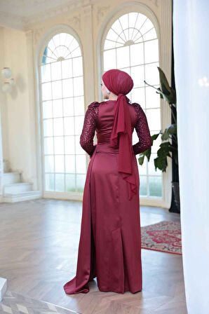 Boncuk İşlemeli Bordo Tesettür Abiye Elbise 52151BR