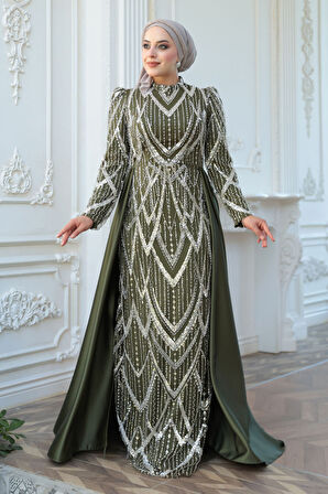 Boncuk İşlemeli Kuyruklu Haki Tesettür Abiye Elbise 51923HK