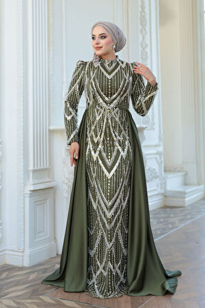 Boncuk İşlemeli Kuyruklu Haki Tesettür Abiye Elbise 51923HK