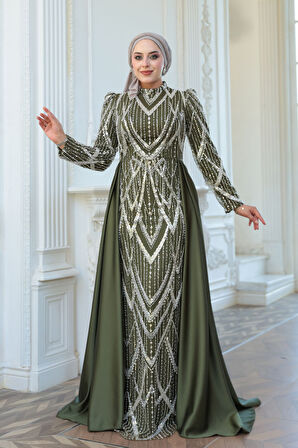 Boncuk İşlemeli Kuyruklu Haki Tesettür Abiye Elbise 51923HK