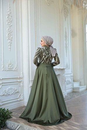 Boncuk İşlemeli Kuyruklu Haki Tesettür Abiye Elbise 51923HK