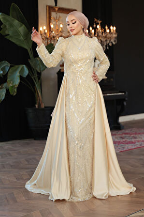  Boncuk İşlemeli Kuyruklu Bej Tesettür Abiye Elbise 51923BEJ