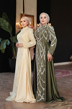  Boncuk İşlemeli Kuyruklu Bej Tesettür Abiye Elbise 51923BEJ