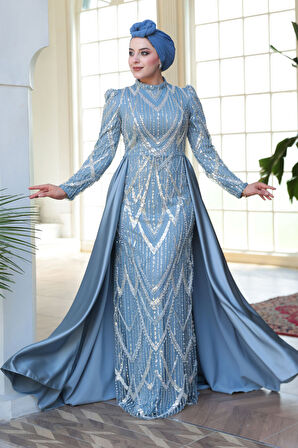 - Boncuk İşlemeli Kuyruklu Mavi Tesettür Abiye Elbise 51923M