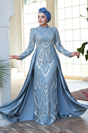 - Boncuk İşlemeli Kuyruklu Mavi Tesettür Abiye Elbise 51923M