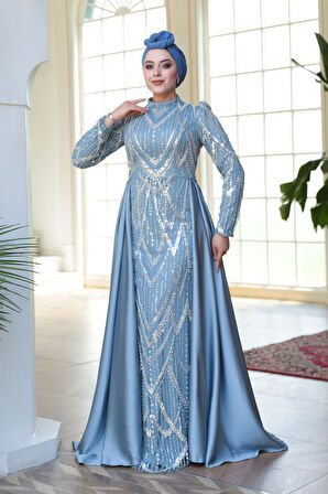 - Boncuk İşlemeli Kuyruklu Mavi Tesettür Abiye Elbise 51923M