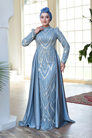 - Boncuk İşlemeli Kuyruklu Mavi Tesettür Abiye Elbise 51923M