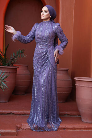 - Boncuk İşlemeli Lila Tesettür Abiye Elbise 50861LILA