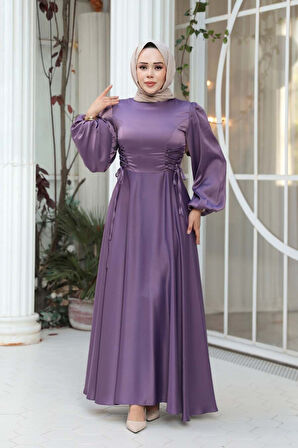 - Balon Kol Lila Saten Tesettür Abiye Elbise 61501LILA
