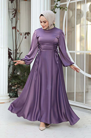 - Balon Kol Lila Saten Tesettür Abiye Elbise 61501LILA