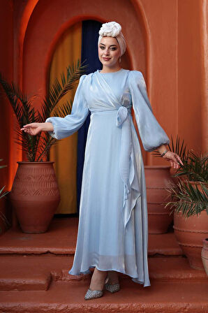 Yandan Bağlamalı Bebek Mavisi Tesettür Abiye Elbise 62191BM