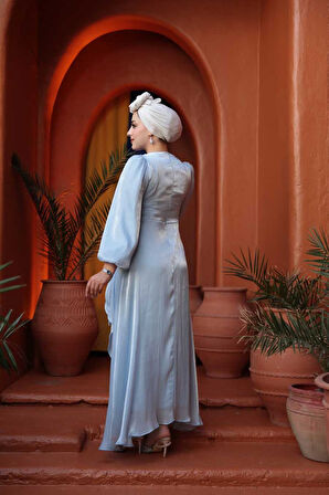 Yandan Bağlamalı Bebek Mavisi Tesettür Abiye Elbise 62191BM