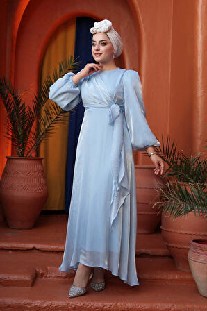 Yandan Bağlamalı Bebek Mavisi Tesettür Abiye Elbise 62191BM