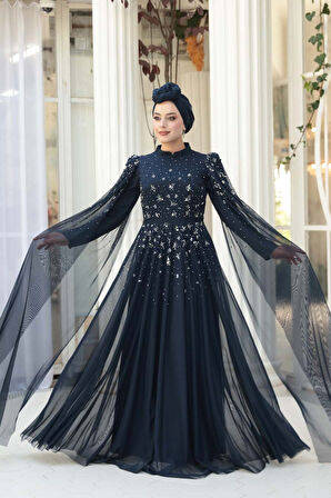 Boncuk Detaylı Pelerinli Lacivert Tesettür Abiye Elbise 53141L