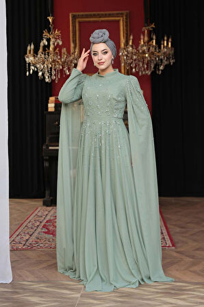 Boncuk Detaylı Pelerinli Mint Tesettür Abiye Elbise 53141MINT