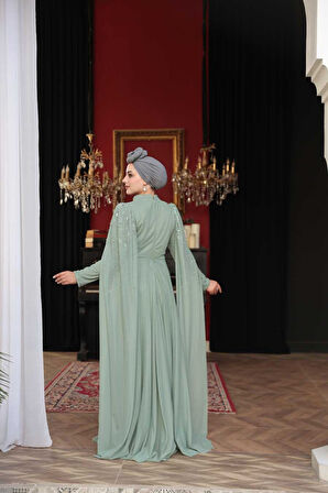 Boncuk Detaylı Pelerinli Mint Tesettür Abiye Elbise 53141MINT