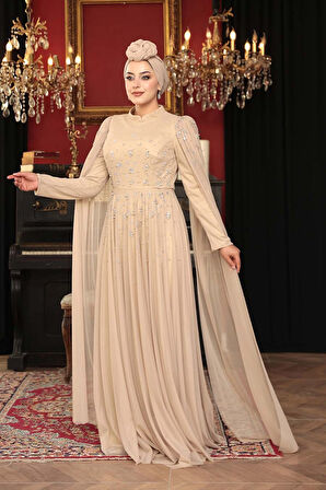 - Boncuk Detaylı Pelerinli Vizon Tesettür Abiye Elbise 53141V