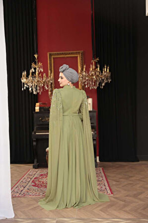 Boncuk Detaylı Pelerinli Açık Haki Tesettür Abiye Elbise 53141AHK