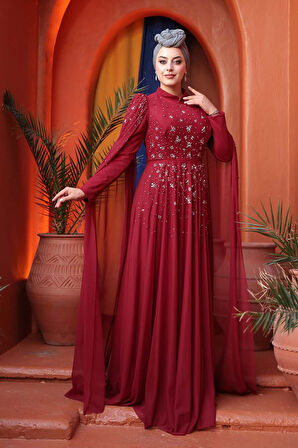 Boncuk Detaylı Pelerinli Bordo Tesettür Abiye Elbise 53141BR