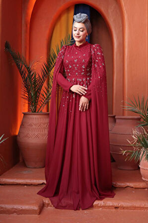Boncuk Detaylı Pelerinli Bordo Tesettür Abiye Elbise 53141BR