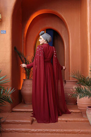 Boncuk Detaylı Pelerinli Bordo Tesettür Abiye Elbise 53141BR