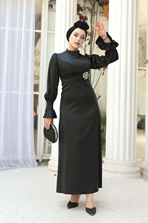 Saten Siyah Tesettür Abiye Elbise 62301S