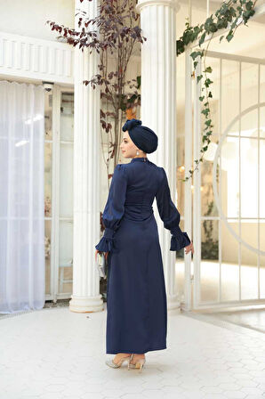 Saten Lacivert Tesettür Abiye Elbise 62301L