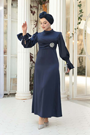 Saten Lacivert Tesettür Abiye Elbise 62301L