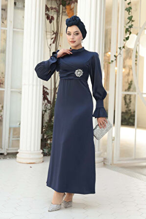Saten Lacivert Tesettür Abiye Elbise 62301L