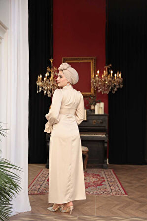 Saten Bej Tesettür Abiye Elbise 62301BEJ