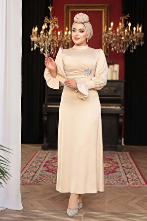 Saten Bej Tesettür Abiye Elbise 62301BEJ