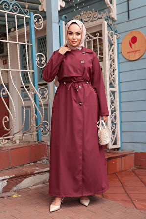 Düğmeli Bordo Tesettür Trençkot 684BR