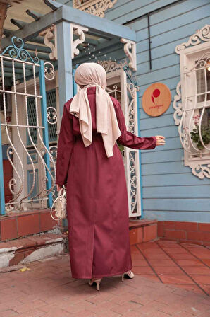 Düğmeli Bordo Tesettür Trençkot 684BR