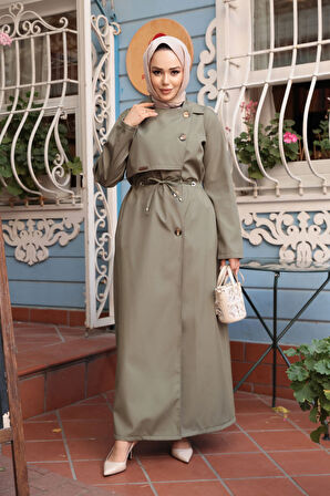 Düğmeli Açık Haki Tesettür Trençkot 684AHK