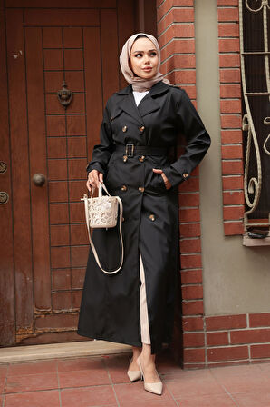 Düğmeli Siyah Tesettür Trençkot 7261S