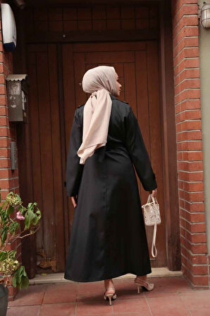 Düğmeli Siyah Tesettür Trençkot 7261S