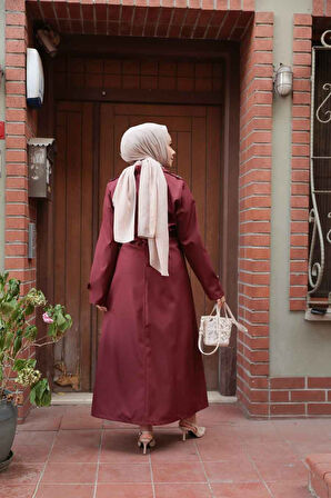 Düğmeli Bordo Tesettür Trençkot 7261BR