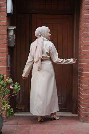 Düğmeli Bej Tesettür Trençkot 7261BEJ