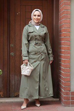 Düğmeli Açık Haki Tesettür Trençkot 7261AHK